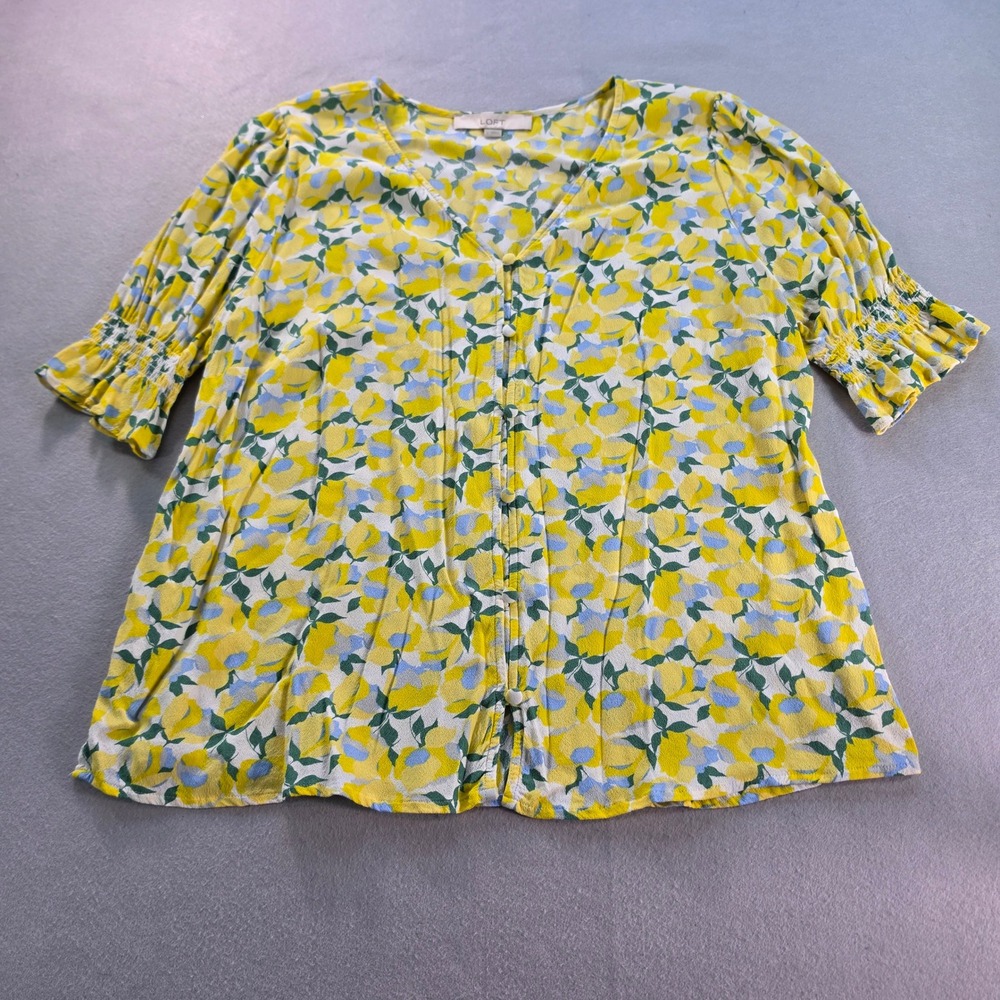 LOFT Womens Yellow Blue Floral V-Neck Button Front Smocked Cuff Blouse Large